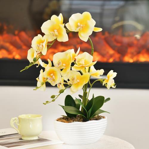 19" H Phalaenopsis Faux Orchid Plant Silk Orchid Centerpiece Artificial Floral Arrangement in Ceramic Pot (Yellow) - color: Yellow