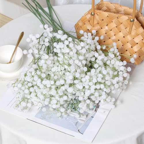 12PCS White Babys Breath Artificial Flowers, 24inch Real Touch Flowers Fake Babies Breath Gypsophila Bouquet for Wedding Floral Arrangement Party Home Decoration(White) - color: White
