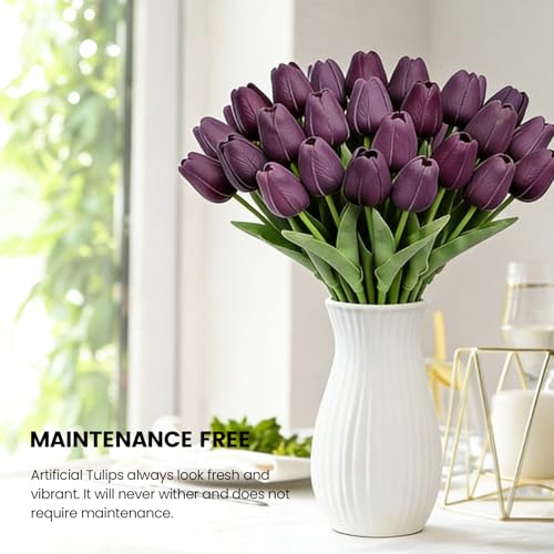 30 PCS Artificial Tulips Real Touch Tulips 13.5inch Long Stem Fake Flowers Silk Flowers for Spring Easter Mother's Day Decorations（Dark Purple） - color: Dark Purple