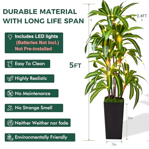Artificial Dracaena Tree 5FT, Fake Plants with Black Tall Planter - Fake Tree Tall Faux Plants Indoor Floor Plant with Moss - Artificial Plants Indoor for Office Living Room Home Decor