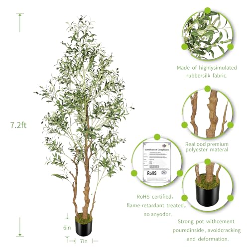 OXLLXO 7.2ft Artificial Olive Tree (85in) with Plastic Nursery Pot Faux Olive Silk Tree, Fruits Fake Plant for Office House Farmhouse Living Room Home Decor (Indoor/Outdoor) - size: 7ft 1in