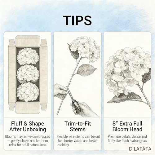 DILATATA Large Real Touch Hydrangea Artificial Flowers with Stems, 8" Full Bloom Fresh Touch Faux Hydrangea Bouquet for Vase Decor, Wedding Centerpieces, Home Table Arrangement 25.5” White Hydrangeas - color: White-l