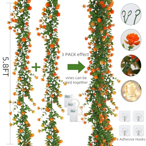 RECUTMS Faux Spring Eucalyptus Garland Artificial Hanging Vines Wedding Greenery Garland with Lights Faux Plants Indoor Flower Vine for Wall Fireplace Table Porch Door Decoration(Orange) - color: Orange With Lights