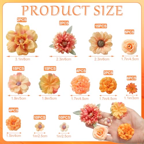 rongflower Small Artificial Flower Heads 2-4 cm, Fall Silk Faux Orange Peony Daisy Rose, for DIY Crafts, Wedding Garland, Graduation Cap, Cake Topper & Home Decoration - color: Fall Orange