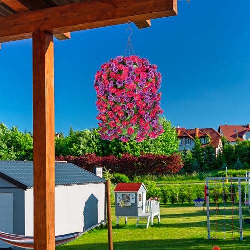 INXUGAO Artificial Fake Hanging Flowers Plants for Outdoor Spring Summer Decoration, 2PCS Faux Silk Morning Glory Long Vines Stems UV Resistant Look Real for Outside Home Porch Patio, Hot Pink Purple - color: Rose Red Violet
