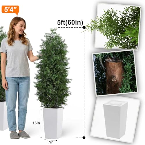 Aveyas 5ft Artificial Cedar Topiary Trees, 5 ft Faux Potted Plants Evergreen Fake Pine Cypress Tree for Outdoor Porch Home Outside Door Decor (5 Feet Tall Including Raised Pot) - Set of 2 Pack - color: Cedar Topiary Trees - 2 Pack (5ft)