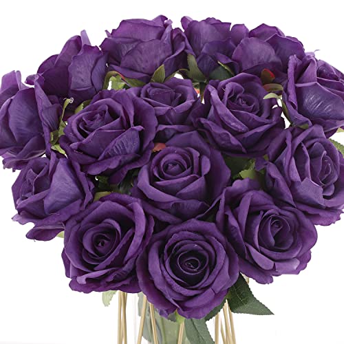 15Pcs Purple Roses Artificial Flowers Fake Roses Long Stem Velet Rose Silk Flowers for Home Wedding Decoration (Round Roses,Pure Purple) - color: Round Roses,pure Purple 15p