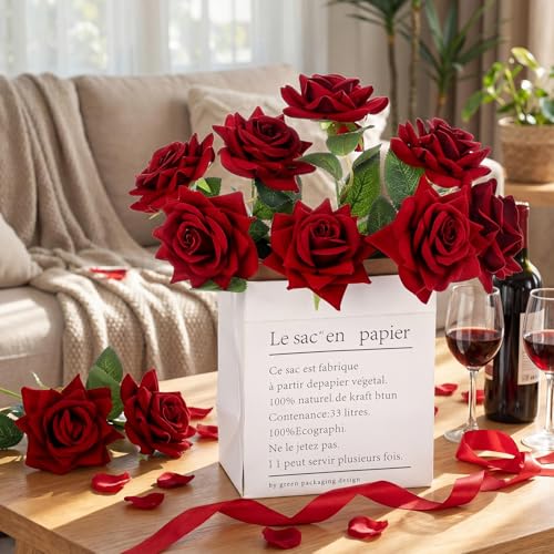 Zeyune 10 Pcs Velvet Red Fake Roses Artificial Flowers, and Real to Touch Rose Faux Long Stem Florals for DIY Wedding Centerpieces Party Home Decor