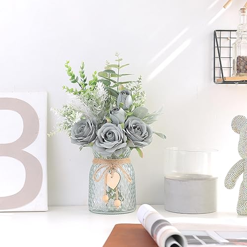 Faux Flowers with Vase,Artificial Silk Roses in Vase, Fake Plant Eucalyptus Flower Arrangement for Home Office Farmhouse Bathroom Dining Table Centerpiece Decorations Coffee Table Decor (Grey Blue) - color: Grey Blue