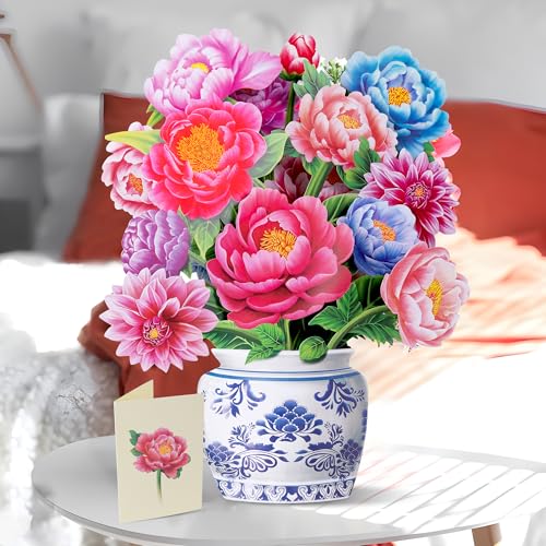 Airpark Pop Up Flower Bouquet Card for Women, 3D Floral Greeting Card with Envelope and Note, Birthday Thank You Thinking of You Get Well Gift for Mom Friend Wife Teacher, Peony - style: Peonies