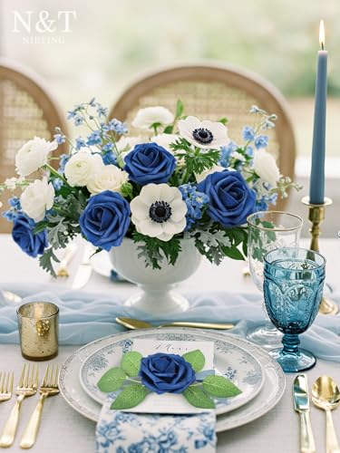 N&T NIETING Artificial Flowers Navy Blue Roses 50Pcs Fake Flowers Foam Roses with Stems for DIY Wedding Bridesmaid Bridal Bouquets Centerpieces Party Home Decoration Baby Shower - color: Navyblue, size: 50pcs