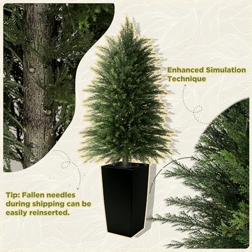 4FT Tall 2 Pack Artificial Cedar Topiary Trees with Full Bushy Columnar Shape, Realistic Faux Cypress in Square Black Pot with Fillable Water Bag, Outdoor Evergreen for Front Porch Garden Home Decor - color: Black-columnar Arbor, size: 4ft-2pack