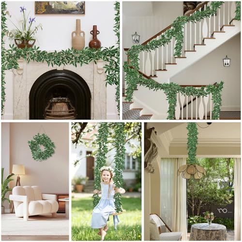 RECUTMS Artificial Olive Leaves Vine Garland with Berry 2Pcs 6.2Ft Faux Silk Green Italian Ruscus Leaf Ivy Fake Hanging Greenery for Indoor Outdoor Home Patio Garden Wedding Arch Party Decor(White) - color: Olive Leaves Vine White