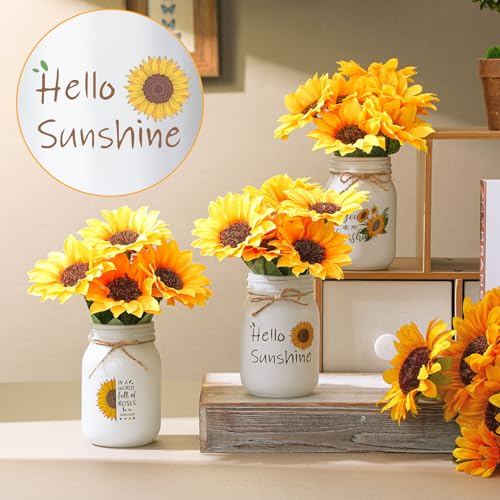 Ziliny Artificial Sunflower Decor Set of 3 Sunflower Table Centerpiece with Mason Jar Fake Flowers for Farmhouse Kitchen Dining Table Tiered Tray Wedding Baby Shower Centerpiece