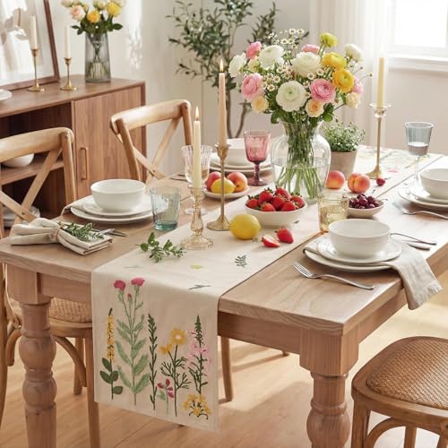 Artoid Mode Beige Soft Chain Embroidery Wild Floral Spring Table Runner, Seasonal Summer Kitchen Dining Table Decoration for Home Party Decor 13x90 Inch - color: Beige, size: 13" x 90", Table Runner