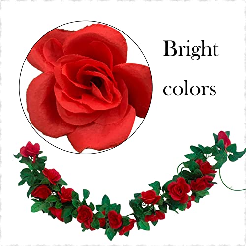 2 Pack Artificial Rose Vine Garland Fake Roses Flowers Plants Vines Hanging Floral Leaves Decoration for Wedding Party Table Garden Arch Wall Home Room Decor(Red) - color: Red, size: 【2 Pcs】