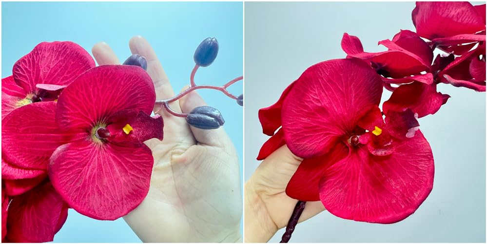Rikyo 8 Heads Faux Orchid,40" Bouquets 2 Stem Phalaenopsis No Fade Petals Fake Flowers Forever Plants for Home Decoration, Office Decor,Wedding Party Decoration (Red) - color: Red