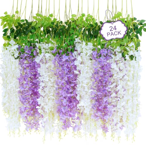 24Pcs Artificial Wisteria Hanging Flowers, 3.6Ft/Pcs White & Purple Fake Wisteria Garland for Wedding Party Home Garden Indoor Outdoor Decoration - color: White & Purple, size: 24Pcs