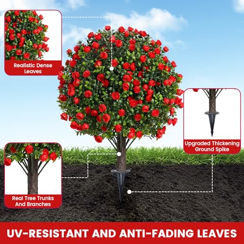 Artificial Topiary Ball Trees with Rose, 2 Pack Artificial Shrubs Bushes with Ground Spike, Fake Plants for Outdoor Front Porch Decor UV Resistant - color: 2 Pack 23" Red Rose