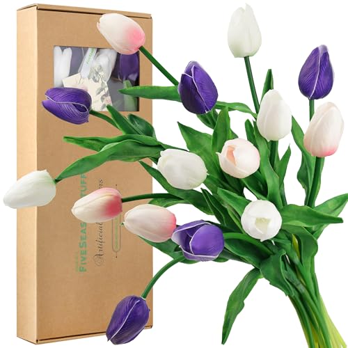 FiveSeasonStuff Real Touch Tulips Artificial Flowers – 15 Stems Faux Tulip Bouquet in Gift Box for Wedding, Home Decor, Party, Floral Arrangements (Beyond Purple) - color: #19 Beyond Purple