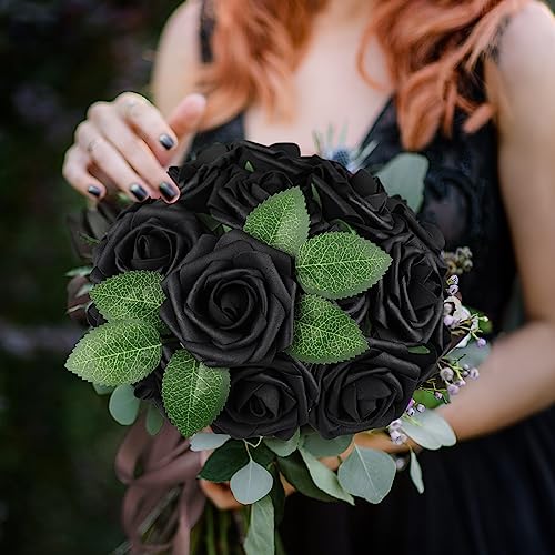 AmyHomie Artificial Flowers Black Rose 25pcs Real Looking Fake Roses w/Stem for DIY Wedding Bouquets Centerpieces Arrangements Party Baby Shower Valentines Day Christmas Tree Decorations - color: Black