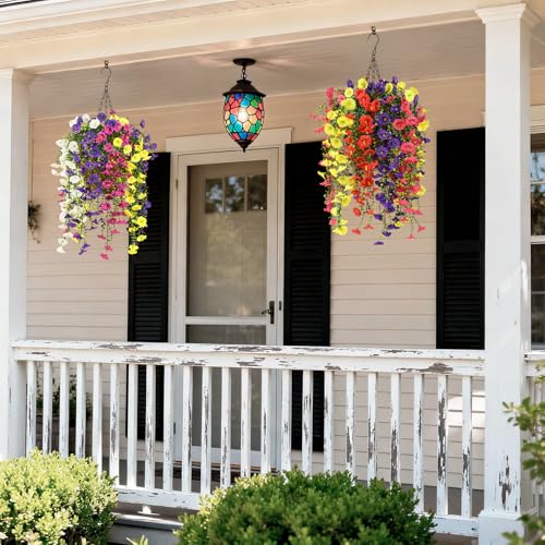 Homsunny Artificial Fake Hanging Flowers Plants Baskets for Outdoor Spring Decoration, Faux Morning Glory Silk Flower for Outside Realise UV Resistant Patio Yard Porch Balcony Home Decor (Mixed 1) - color: Mixed 1