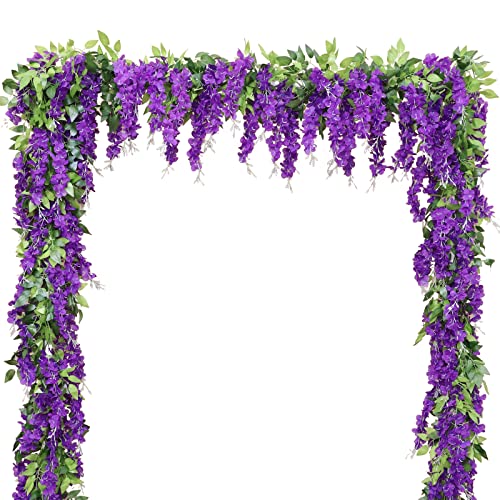 dallisten Wisteria Artificial Flowers Garland, 2Pcs 7.2Ft/Piece Silk Fake Wisteria Vine Kit, Hanging Flower for House Outdoor Garden Ceremony Outside Wedding Arch Floral Decor (2, Purple) - color: Purple