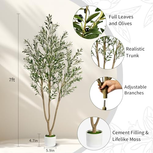 7FT Artificial Olive Tree, Indoor Faux Olive Tree Fake Potted Silk Olive Tree Plants with Lifelike Branches & Fruits for Home Office Decor - color: Olive Tree, size: 7ft