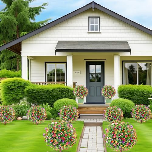 27.5" Artificial Flowers Boxwood Topiary Ball Tree Set of 2, UV Resistant Fake Bushes Shrubs with Ground Spike, Faux Evergreen Tree for Front Porch Outdoor Garden Decor - color: Colorful-flowers