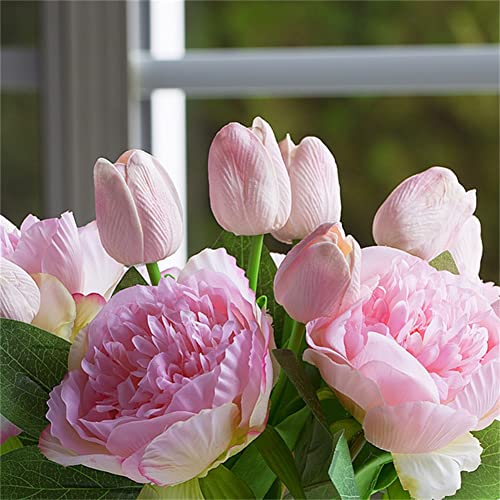 ENOVA FLORAL Artificial Flower Arrangement with Vase, Faux Flower in Vase, Mixed Artificial Real Touch Tulip and Fake Silk Peony Flower in Vase for Decoration Home Office Centerpiece (Pink) - color: T& Peony Pink