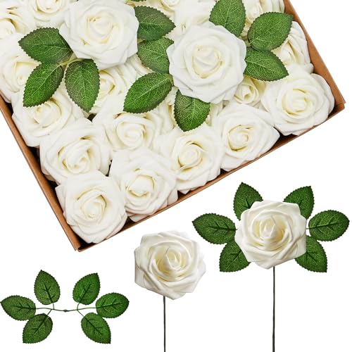 InnoGear Artificial Flowers, 50 Pcs Ivory White Foam Fake Roses Bulk with Stems for Mother's Gift Decoration DIY Wedding Bouquets Centerpieces Bridal Shower Party Christmas Tree - color: Ivory