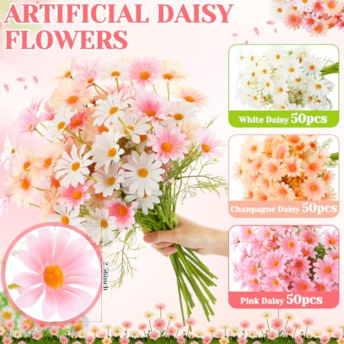 Giegxin 100 Pcs Artificial Daisy Flowers Bulk Realistic Fake Daisies Faux Wildflower Daisy UV Resistant Silk Fake Flowers Plants for Outside Wedding Garden Home Table Decor (White,Pink,Champagne) - color: White,pink,champagne