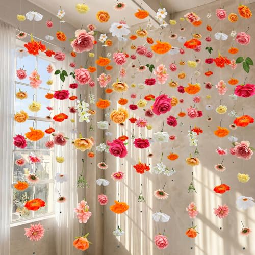 XunYee 6 Pcs 35.4 ft Flower Garlands Artificial Wildflower Vines Floral Hanging Backdrop Fake Flower Garlands Faux Silk Wildflower Vine for Wedding Bridal Shower Home Garden Wall Arch Decor(Rose) - style: Rose