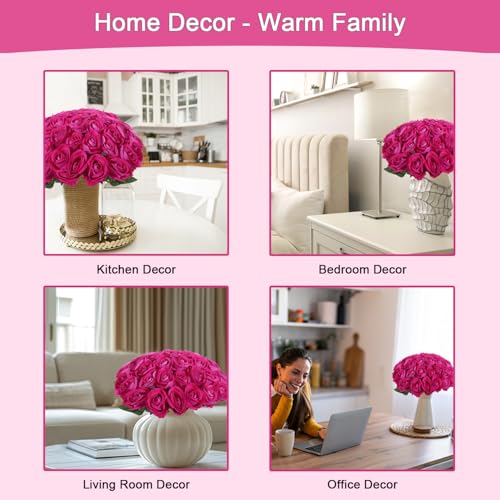 12Pcs Pink Roses Artificial Flowers Fake Rose Faux Velvet Silk Flowers for Home Wedding Decoration (Pearl Roses - Hot Pink) - color: Pearl Roses - Pink Hot 12p