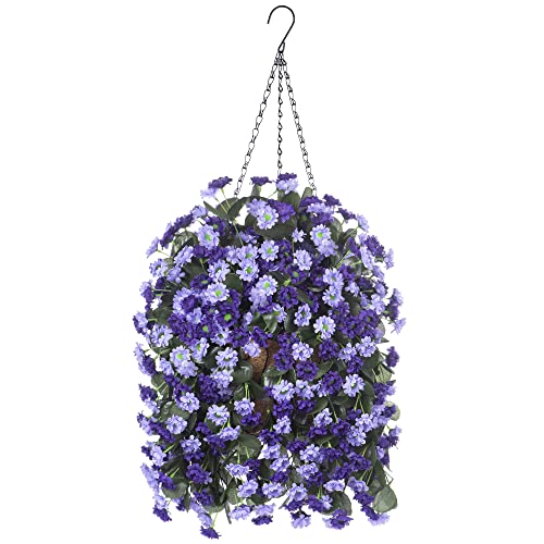Ammyoo Artificial Flowers in Hanging Basket for Outdoors Spring Decor, Fake Mums Flowers Faux Plants with Basket for Indoors Home Porch Garden Yard Patio Decoration (Deep Purple) - color: Deep Purple