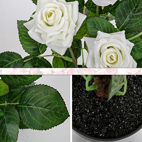 Hollyone Artificial Plants & Flowers with Vase White Roses Artificial Flowers Potted Plant Faux Silk Flower with Black Pot Fake Rose Flower Arrangement Home Decor Table Desk Decorations 15 Inch - color: Rose 1 - White (15inch)
