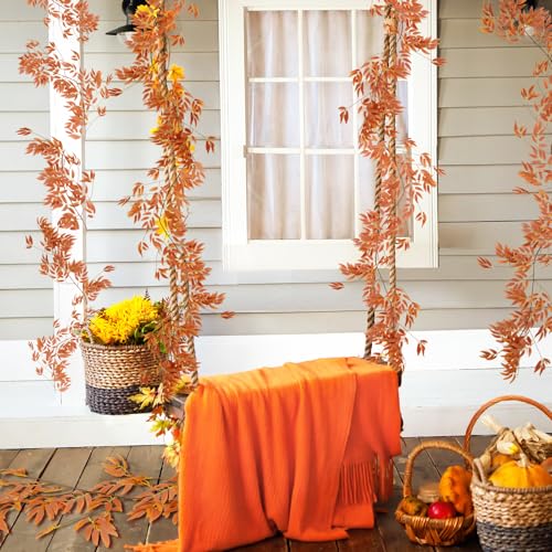 RECUTMS Artificial Hanging Willow Leaves Vine Twigs 2Pcs 5.7Ft Fall Garland Fake Silk Willows Leave Ivy Faux Greenery for Indoor Outdoor Wedding Jungle Birthday Autumn Wreath Thanksgiving Party Decor - color: Orange