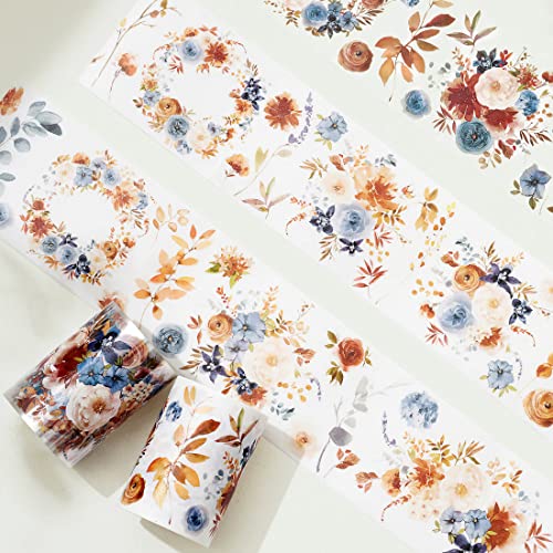 WT Dusty Blue & Cinnamon Wide PET Tape, Single Roll, Original Designs, Floral Decorative Tape, Transparent Craft Tape for Bujo Planner & DIY Supplies, Watercolor Flowers - color: WT Dusty Blue & Cinnamon Wide PET Tape
