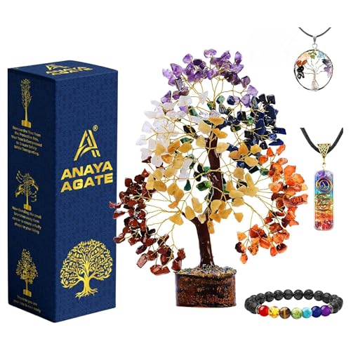 ANAYA AGATE 7 Chakra Healing Crystal Tree Kit, Bracelet, Pendant, Necklaces, Handmade Gemstone Money Bonsai Tree of Life Feng Shui Decor for Home Office, Positive Energy, Reiki Healing Gifts for Women - color: Seven Chakra Golden Wire Set (300 Beads)