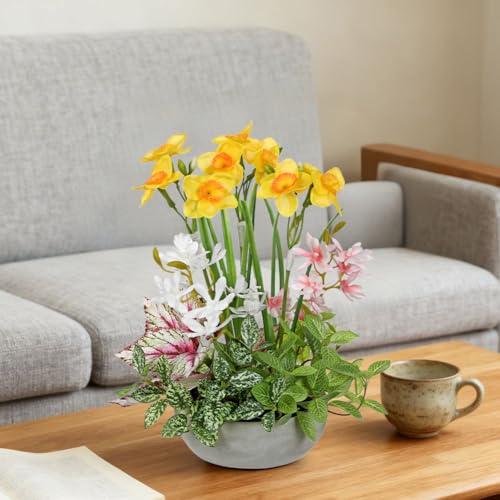 Flower Centerpieces 11.8" Artificial Plants & Flowers in Pot Mixed Artificial Daffodils with Pink Flowers Green Plant, Realistic Farmhouse Flowers Arrangements for Table Office Desk Kitchen Home Decor - color: Yellow