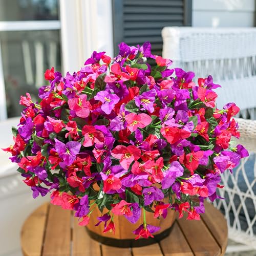 Ivydale Artificial Flowers for Outdoors Fake Bougainvillea Spring Summer Outside Decor, 4 Bundles UV Resistant Faux Flowers for Outdoor Planters Realistic Silk Plants Patio Porch Window Garden Home - color: Purple+hotpink
