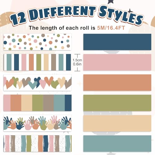 FYSUIMU 12 Rolls Boho Washi Tape Heart Handprint Polka Dots Decorative Masking Tapes Boho Colors Gift Wrapping Paper Tape for Scrapbook Journal DIY Art Crafts - style: Boho