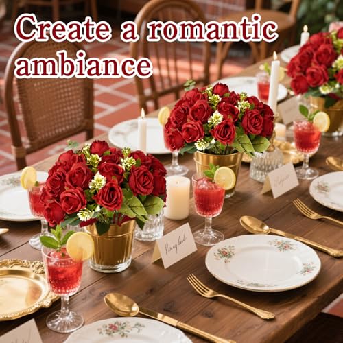 8 Pcs Wedding Bouquets Bulk 12 Inch Fake Silk Roses Flowers Bunches Red Artificial Rose Bouquet for Bride Bridesmaid Parties Garden Home Office
