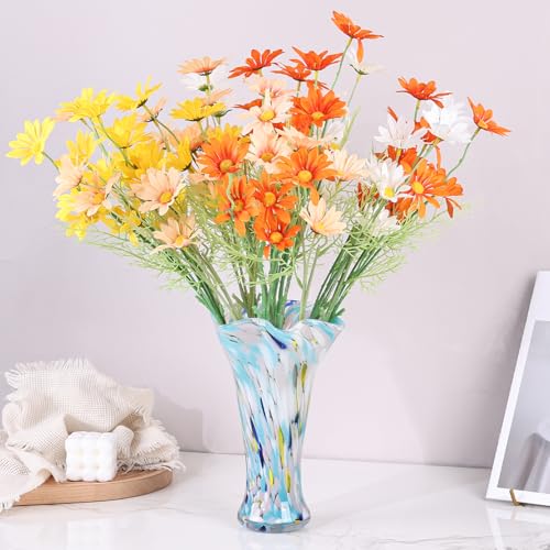 9.0" H Blue Glass Vases for Flowers, Unique Hand Blown Glass Vase Blue Home Decor, Wide Mouth Colorful Flower Vase Centerpieces, for Living Room Table Bookshelf, Bathroom Office Shelf Decorative - color: Multicolor Blue
