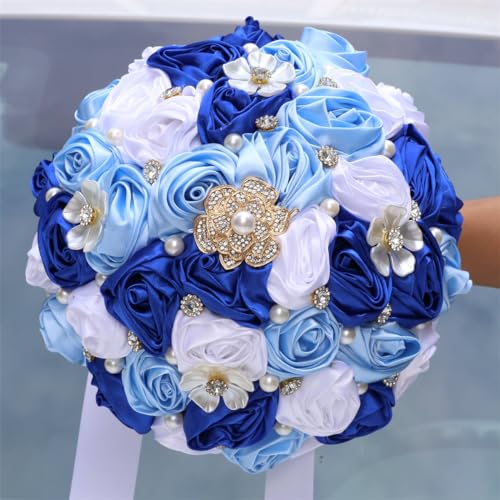 MaxxCloud 9.4‘’ Handmade Romantic Toss Bouquet for Bride Stunning Bridesmaid Brooch Wedding Bouquet with Jewelry Petals 2 Blue and White - color: 2 Blue+white, size: 9.4''/24cm