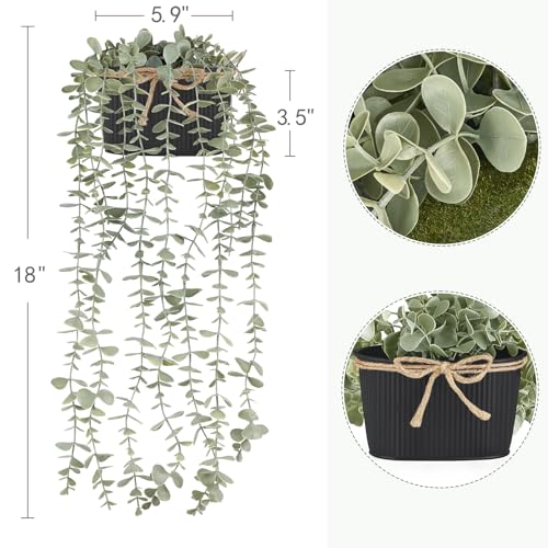 Mkono Fake Hanging Plants in Farmhouse Galvanized Pots Rustic Faux Potted Eucalyptus Greenery Indoor Artificial Plants for Book Shelf Mantel Living Room Bathroom Bedroom Home Office Decor (1, Black) - color: Black