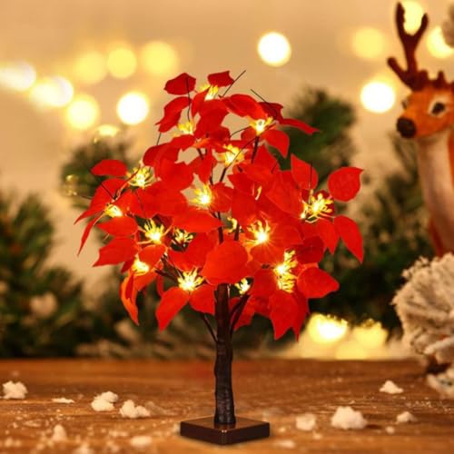 Poinsettia Tree Lamp，Rose Flower Night Light, Led Tabletop Pink Tree Lights, Lower Lamp Girls Gift for Mother’S Day, Lighted Tabletop Tree for Christmas Wedding Decor Valentine’S Day - style: Poinsettia tree