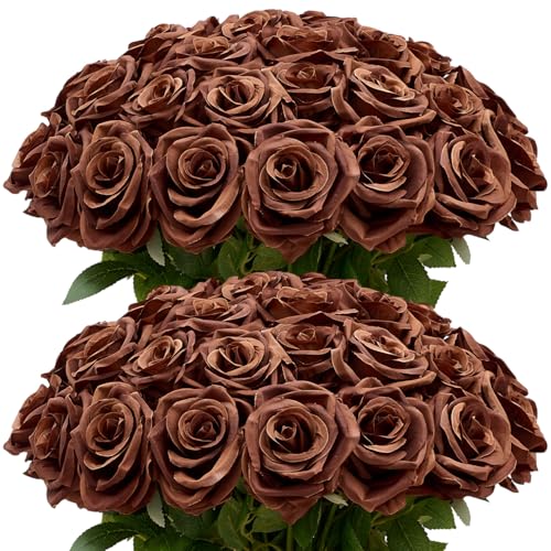 100 Pcs Artificial Roses Bulk Silk Chocolate Roses Tan Roses for Wedding Centerpieces Bridal Bouquet Mohter's Day Valentine's Day Home Decor - color: Chocolate