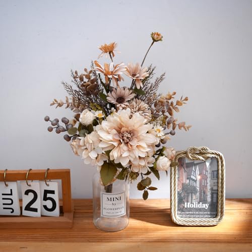 16-inch Artificial Fake Flowers Silk Table Arrangements Faux Plastic Floral Centerpieces for Home with Roses, Dandelions, Daisies, Hydrangea, Eucalyptus, Chrysanthemums and Hollyberries - color: Cappuccino