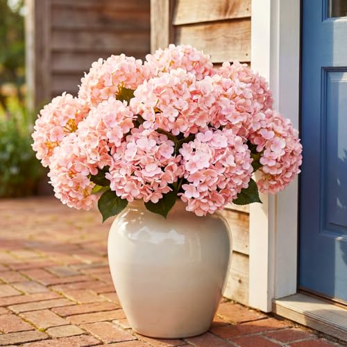 Hotop Hydrangea Artificial Flower Bush for Outdoor 19.6inch Large Silk Hydrangea 5 Heads Realistic UV Resistant Fake Flower for Porch Bouquet Window Box Wedding Indoor(2 Pcs,Pink) - color: Pink